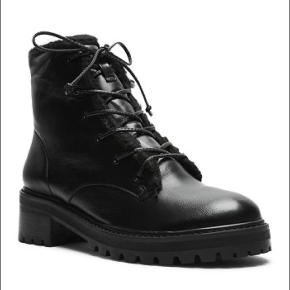 Schutz Stephan Black Leather Faux Shearling Lined Lace Up Lug Sole Ankle Boots 8 - Picture 2 of 7